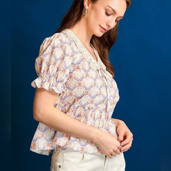 *Last DAY*Umgee Lace Bow Print Flounce Sleeve Blouse - Picture 1 of 4